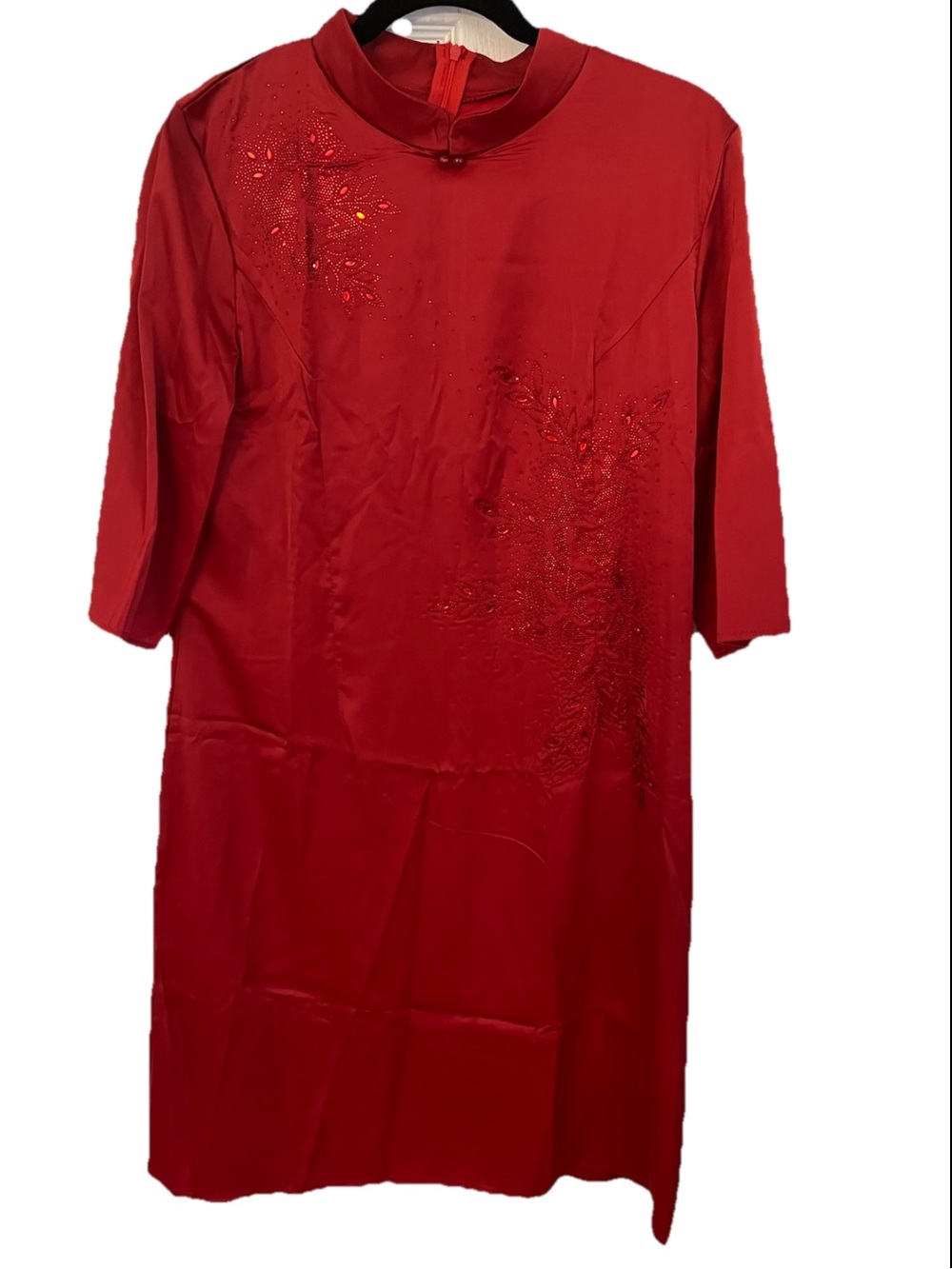 Red Embellished Women's Dress - Elegant Mandarin Collar